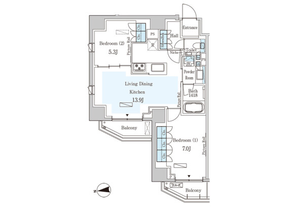 2LDK Apartment to Rent in Chiyoda-ku Floorplan