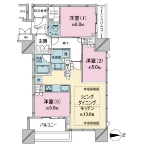 3LDK Mansion in Shikitsuhigashi - Osaka-shi Naniwa-ku Floorplan