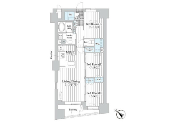 3LDK Apartment to Rent in Chuo-ku Floorplan
